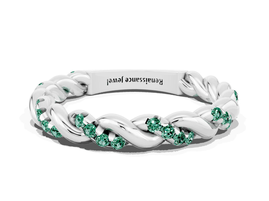 White gold Twisted Pavé Round Green Sapphire Eternity Band_6