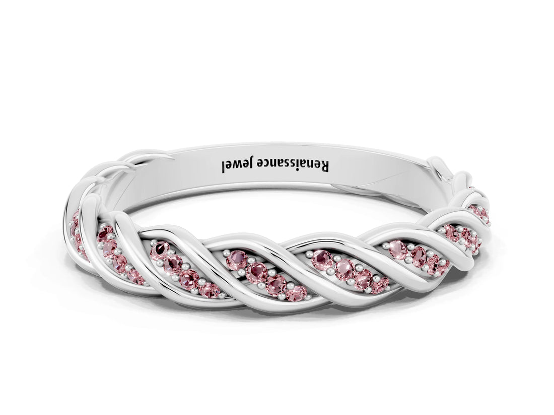 White gold Twisted Pavé Round Morganite Eternity Band with Shared Prong Setting_6