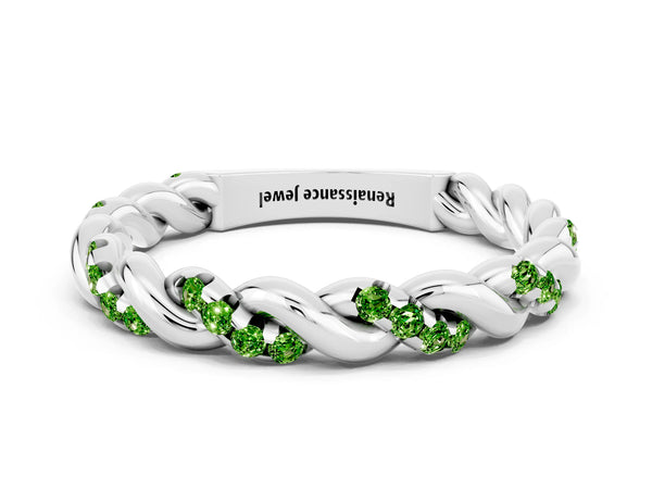 Platinum Round Peridot Twisted Rope Pave Wedding Band