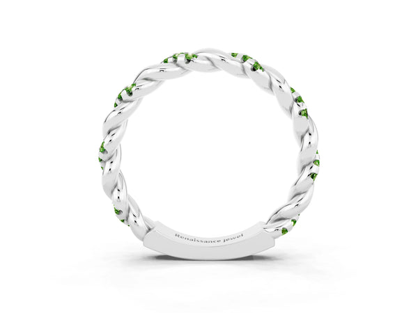 Platinum Round Peridot Twisted Rope Pave Wedding Band