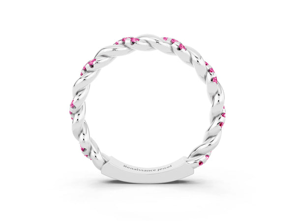 Platinum Round Lab-Grown Pink Sapphire Twisted Rope Pave Wedding Band