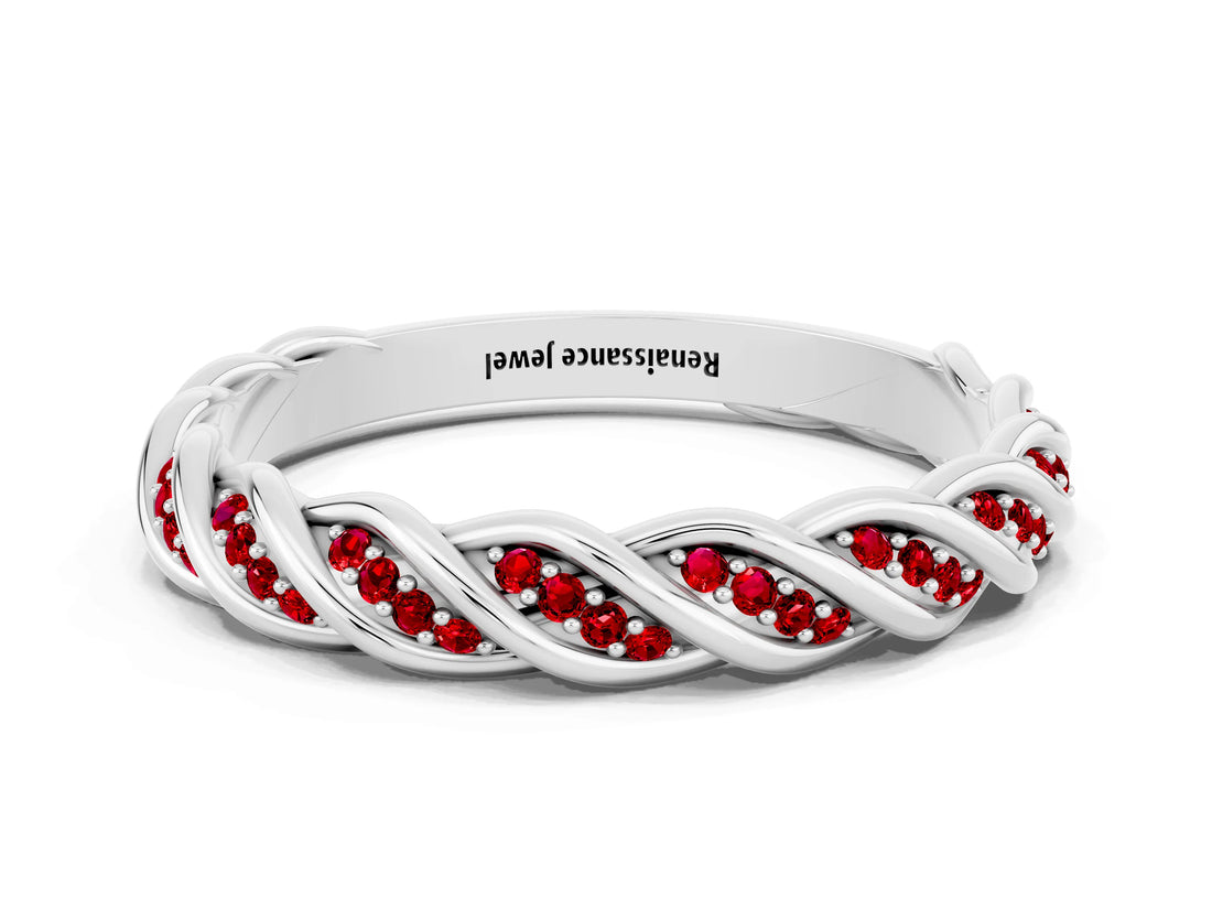 White gold Twisted Pavé Round Ruby Eternity Band with Shared Prong Setting_6