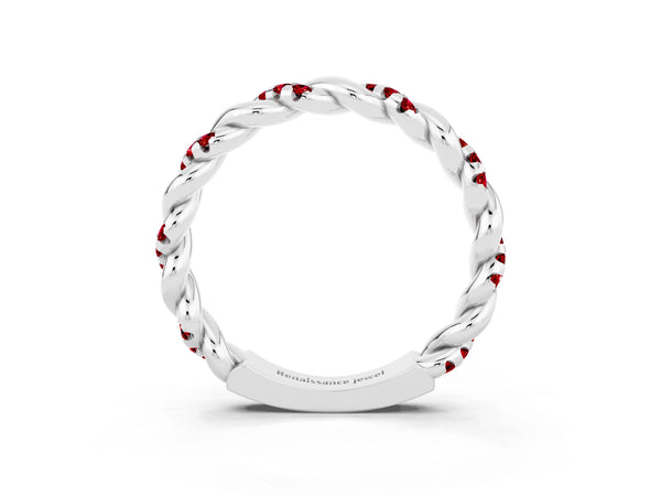 Platinum Round Lab-Grown Ruby Twisted Rope Pave Wedding Band