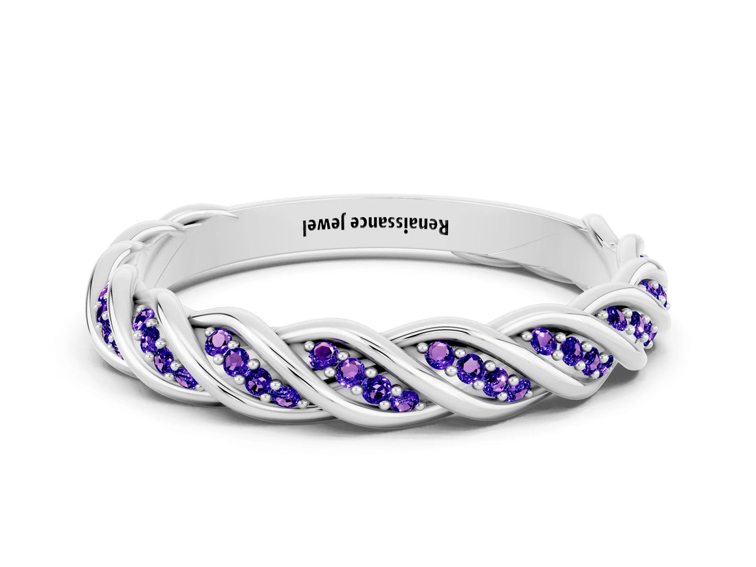 White gold Twisted Pavé Round Tanzanite Eternity Band with Shared Prong Setting_6