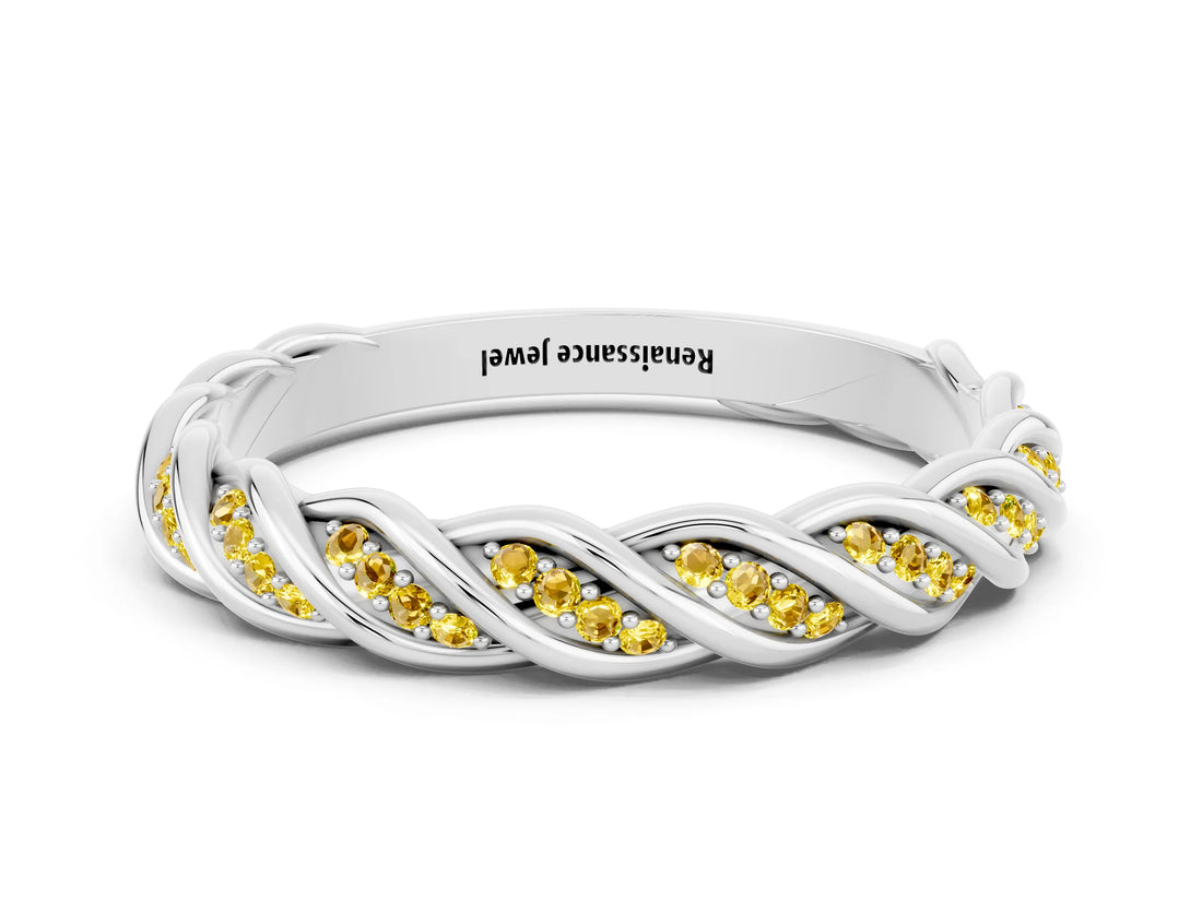 White gold Twisted Pavé Round Yellow Sapphire Eternity Band with Shared Prong Setting_18