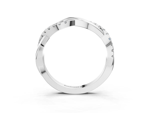 White gold Twisted Pave Round Diamond Infinity Band with Shared Prong Setting