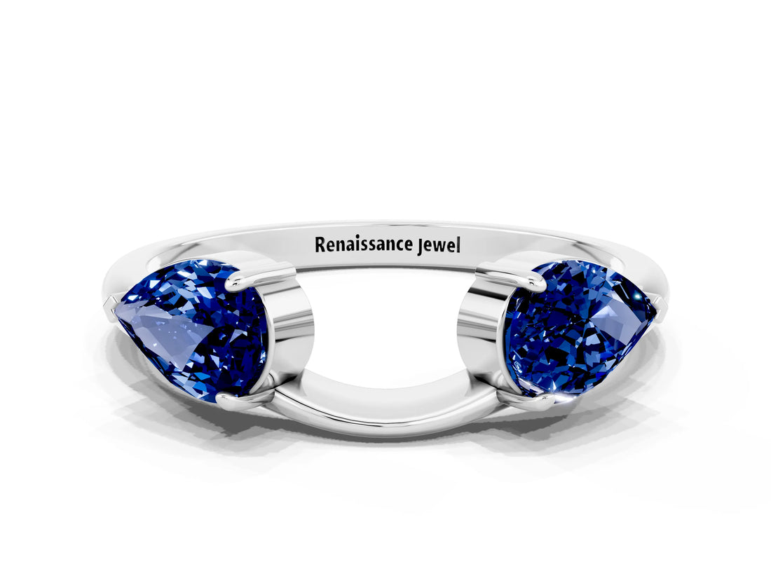 White gold Two-Stone Pear Blue Sapphire Bypass Ring with Prong Setting_6