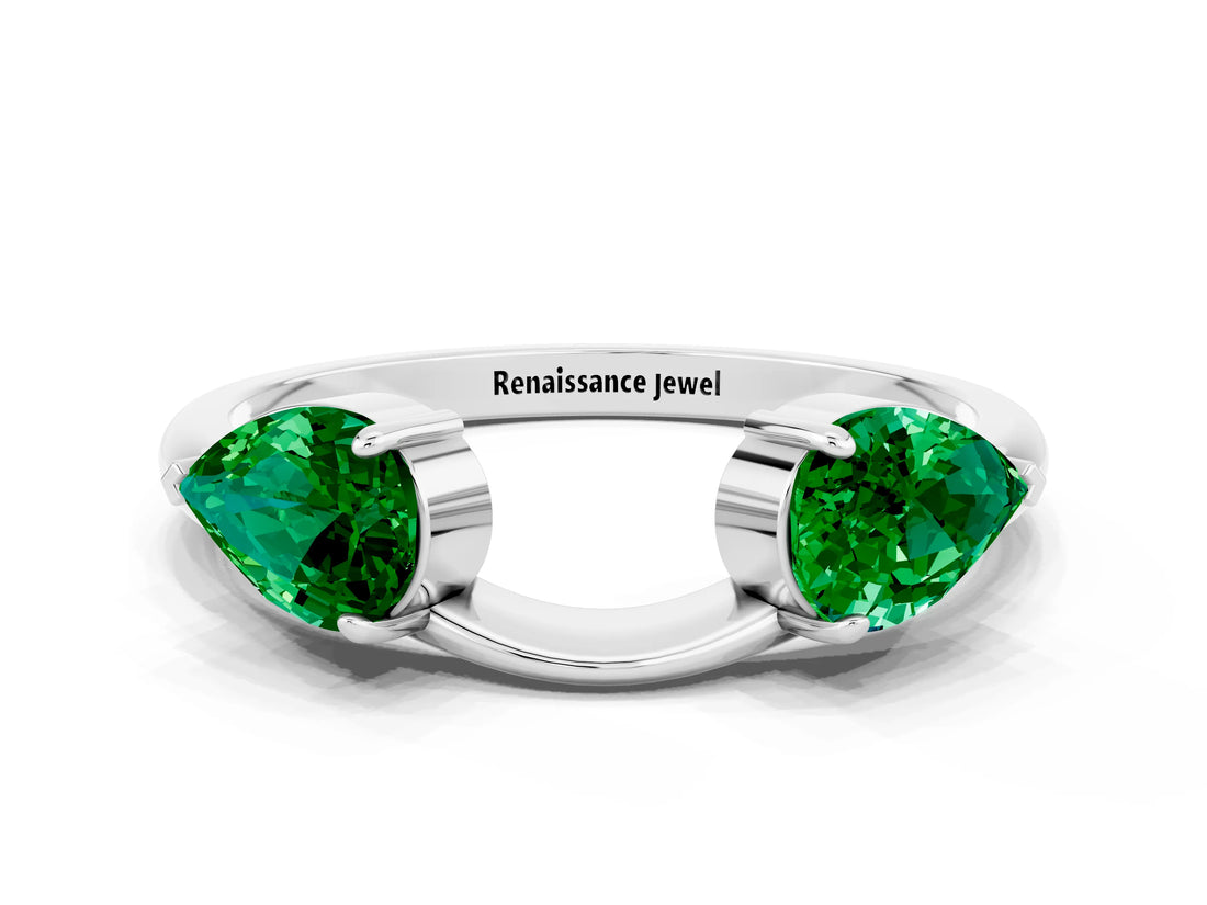 White gold Two-Stone Pear Emerald Bypass Ring with Prong Setting_11