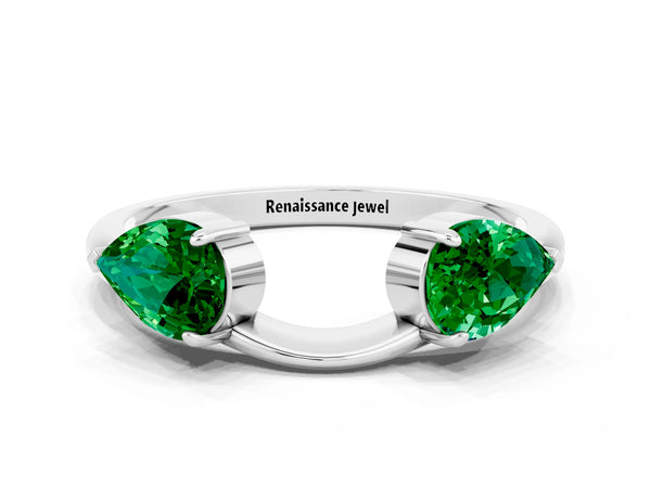 Platinum Pear-Shaped Lab-Grown Emerald Two Stone Curved Wedding Band with Prong Set Pears