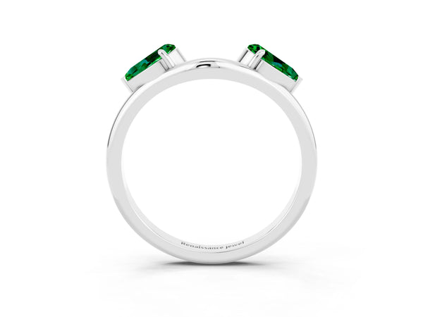 Platinum Pear-Shaped Lab-Grown Emerald Two Stone Curved Wedding Band with Prong Set Pears