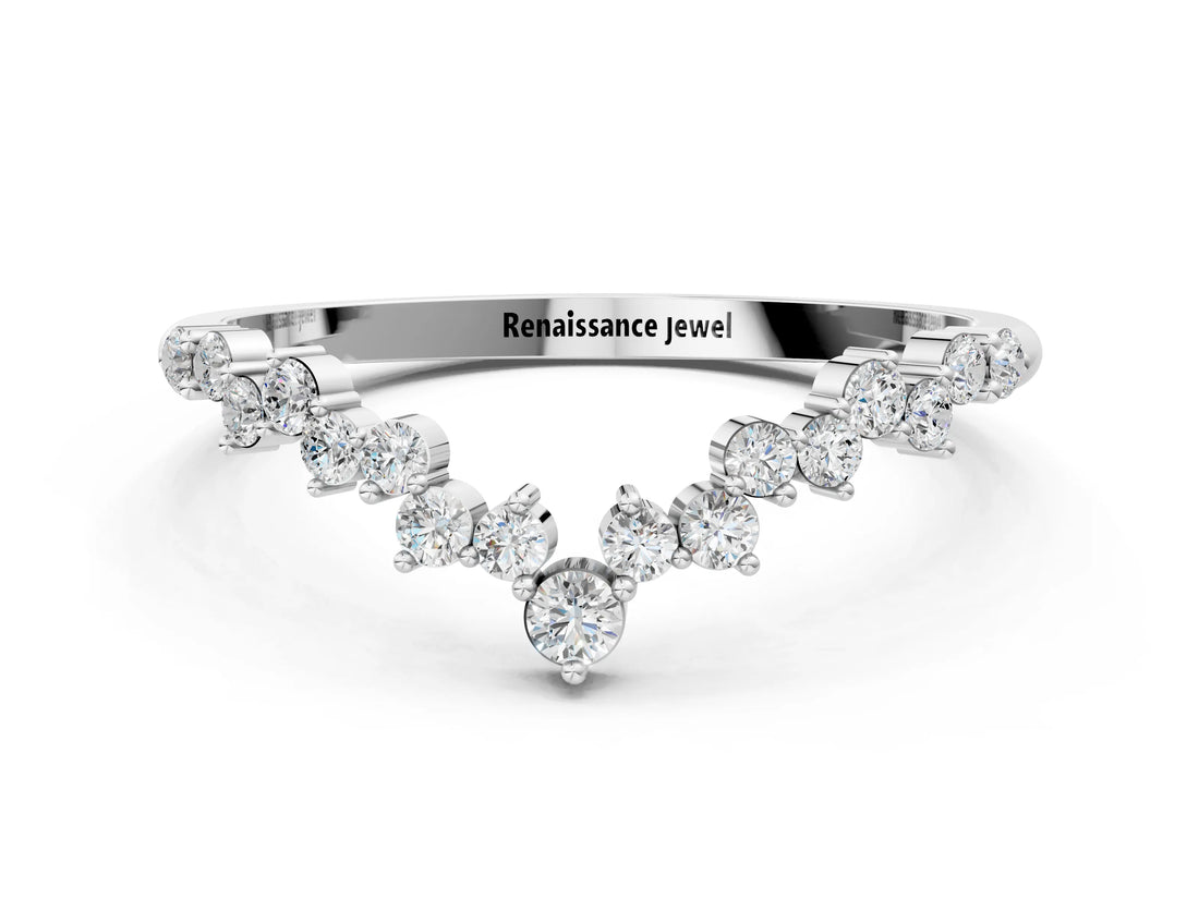 Silver V-Shaped Diamond Cluster Curved Band with Round Brilliant Cut Stones and Prong Setting