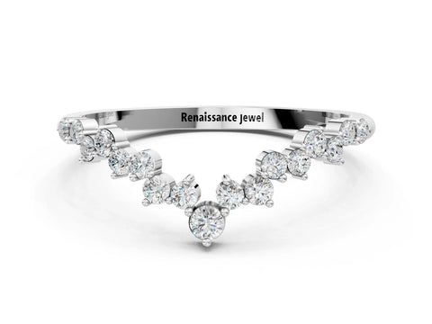 Silver V-Shaped Diamond Cluster Curved Band with Round Brilliant Cut Stones and Prong Setting