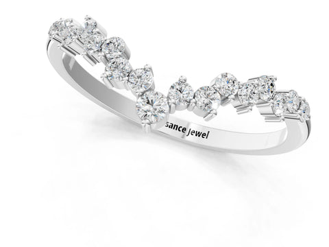 Silver V-Shaped Diamond Cluster Curved Band with Round Brilliant Cut Stones and Prong Setting