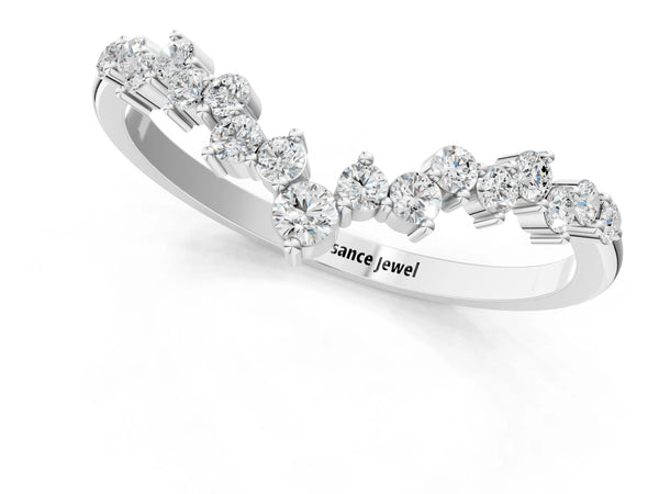 White gold V-Shaped Diamond Cluster Curved Band with Round Brilliant Cut Stones and Prong Setting