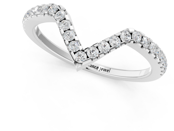 White gold V-Shaped Pavé Round Diamond Chevron Band with Shared Prong Setting