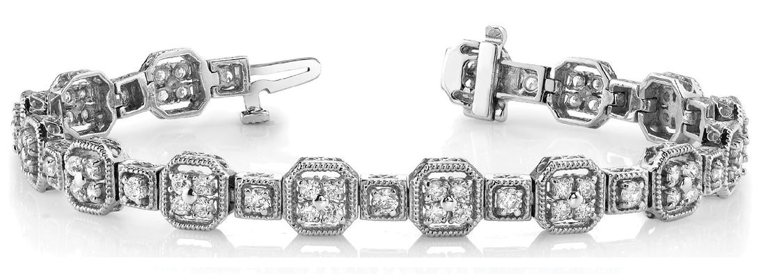 White gold Vintage Milgrain Diamond Tennis Bracelet with Round Cut Stones and Bezel Setting