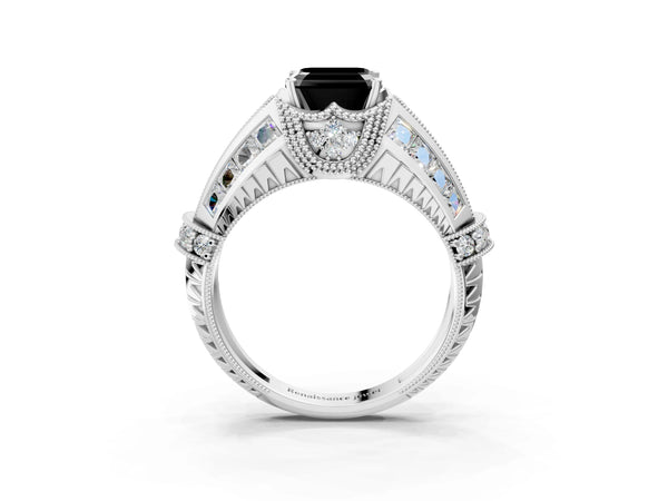 White Gold Asscher Cut Vintage Hidden Halo Engagement Ring Setting for Black Center