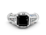 White gold Vintage Milgrain Fancy Black Asscher Cut Diamond Split Shank Ring with Prong Setting