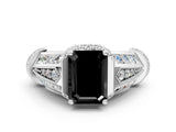 White gold Vintage Milgrain Fancy Black Emerald Cut Diamond Split Shank Ring with Prong Setting