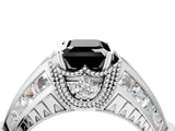 White gold Vintage Milgrain Fancy Black Emerald Cut Diamond Split Shank Ring with Prong Setting_4