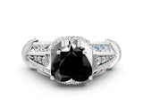 White gold Vintage Milgrain Fancy Black Heart Cut Diamond Split Shank Ring with Prong Setting
