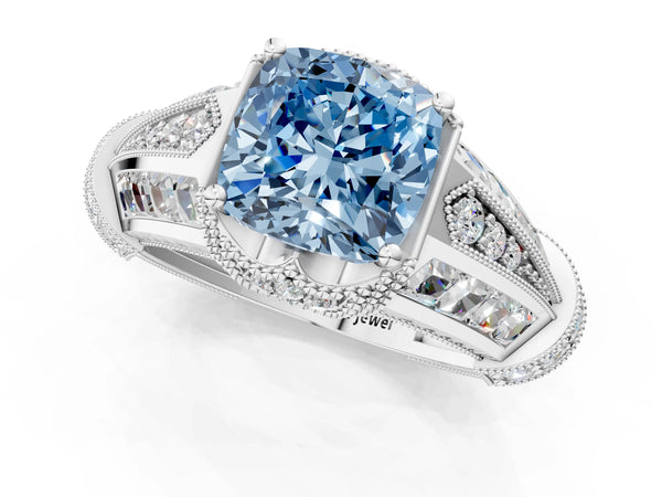 White gold Vintage Milgrain Fancy Blue Cushion Cut Diamond Split Shank Ring with Prong Setting
