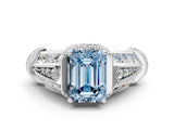 White gold Vintage Milgrain Fancy Blue Emerald Cut Diamond Split Shank Ring with Prong Setting
