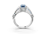 White gold Vintage Milgrain Fancy Blue Emerald Cut Diamond Split Shank Ring with Prong Setting_3