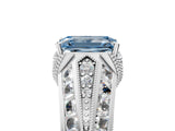 White gold Vintage Milgrain Fancy Blue Emerald Cut Diamond Split Shank Ring with Prong Setting_5