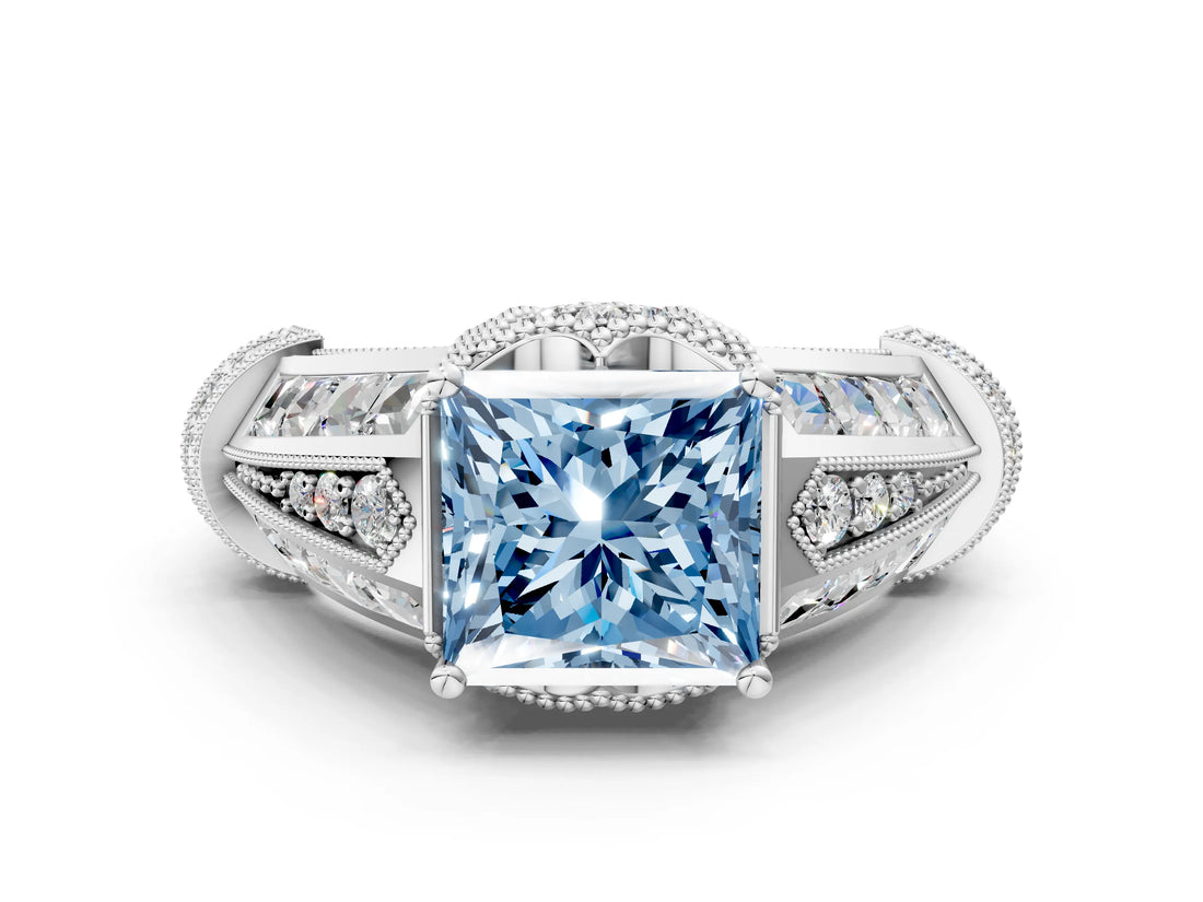 White gold Vintage Milgrain Fancy Blue Princess Cut Diamond Split Shank Ring with Prong Setting