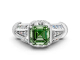 White gold Vintage Milgrain Fancy Green Asscher Cut Diamond Split Shank Ring with Prong Setting