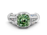 White gold Vintage Milgrain Fancy Green Cushion Cut Diamond Split Shank Ring with Prong Setting