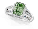 White gold Vintage Milgrain Fancy Green Emerald Cut Diamond Split Shank Ring with Prong Setting_1