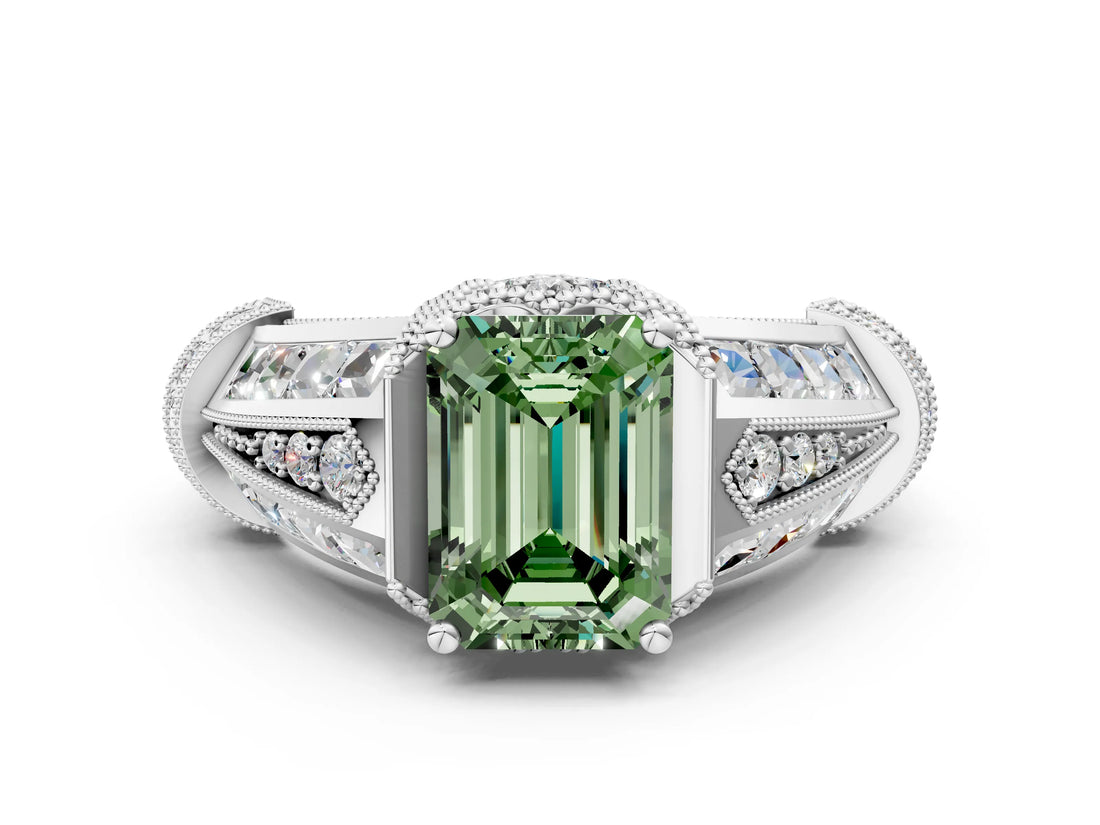 White gold Vintage Milgrain Fancy Green Emerald Cut Diamond Split Shank Ring with Prong Setting