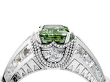 White gold Vintage Milgrain Fancy Green Emerald Cut Diamond Split Shank Ring with Prong Setting_4