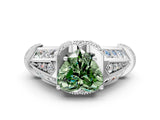 White gold Vintage Milgrain Fancy Green Heart Cut Diamond Split Shank Ring with Prong Setting