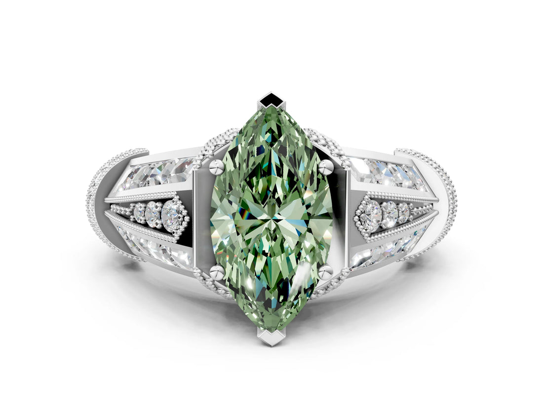 White gold Vintage Milgrain Fancy Green Marquise Cut Diamond Split Shank Ring with Prong Setting