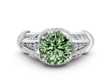 White gold Vintage Milgrain Fancy Green Round Cut Diamond Split Shank Ring with Prong Setting