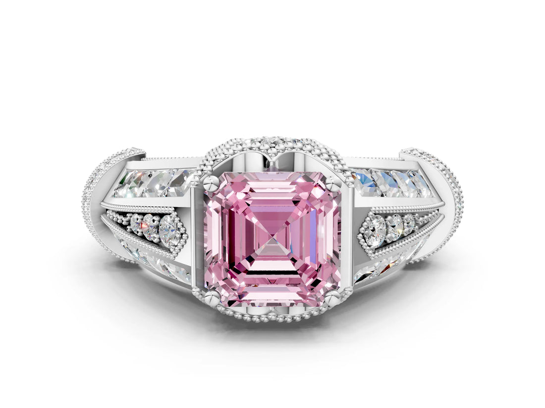 White gold Vintage Milgrain Fancy Pink Asscher Cut Diamond Split Shank Ring with Prong Setting