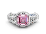 White gold Vintage Milgrain Fancy Pink Asscher Cut Diamond Split Shank Ring with Prong Setting