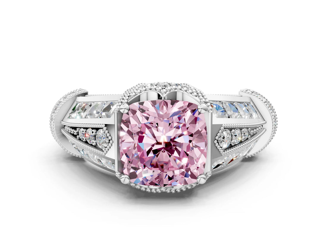 White gold Vintage Milgrain Fancy Pink Cushion Cut Diamond Split Shank Ring with Prong Setting
