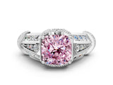 White gold Vintage Milgrain Fancy Pink Cushion Cut Diamond Split Shank Ring with Prong Setting