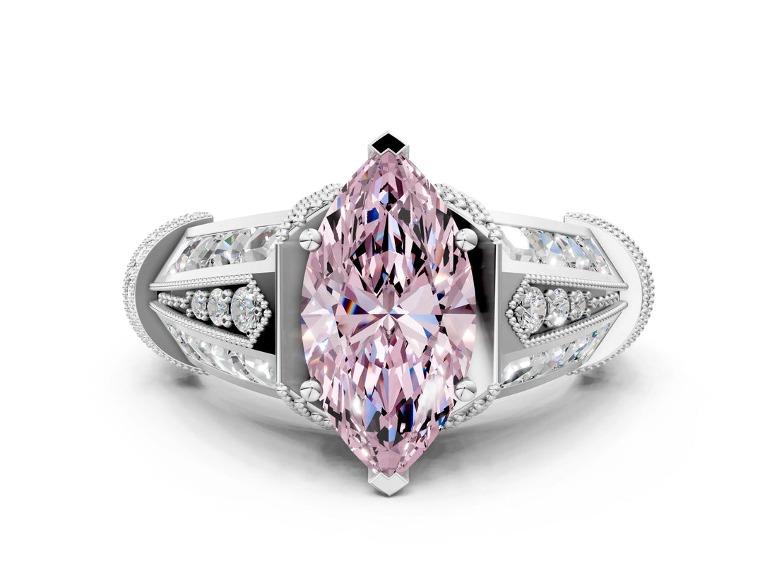 White gold Vintage Milgrain Fancy Pink Marquise Cut Diamond Split Shank Ring with Prong Setting