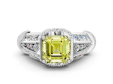 White gold Vintage Milgrain Fancy Yellow Asscher Cut Diamond Split Shank Ring with Prong Setting