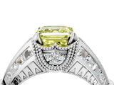 White gold Vintage Milgrain Fancy Yellow Asscher Cut Diamond Split Shank Ring with Prong Setting_4