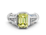 White gold Vintage Milgrain Fancy Yellow Emerald Cut Diamond Split Shank Ring with Prong Setting