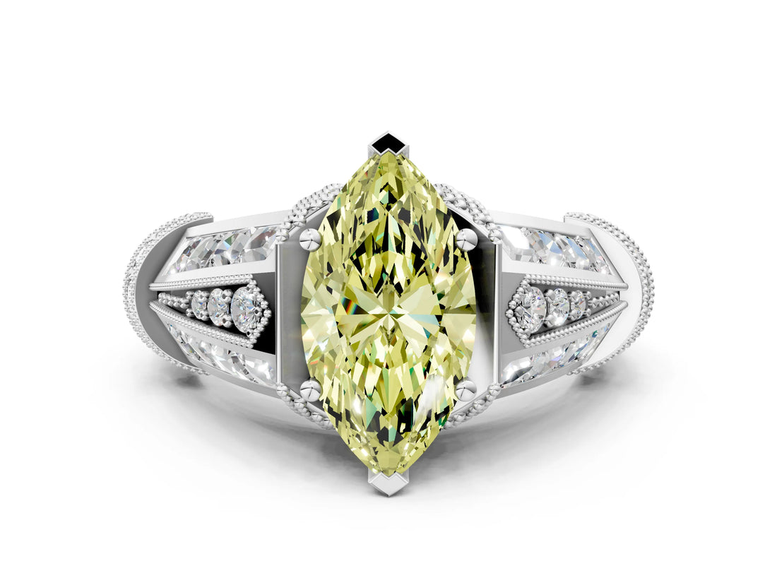 White gold Vintage Milgrain Fancy Yellow Marquise Cut Diamond Split Shank Ring with Prong Setting