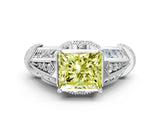 White gold Vintage Milgrain Fancy Yellow Princess Cut Diamond Split Shank Ring with Prong Setting