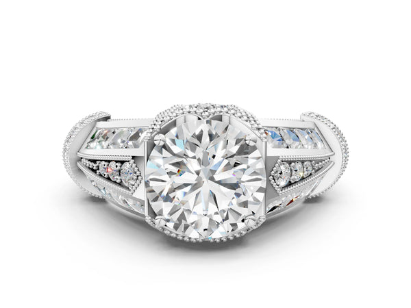 White gold Vintage Milgrain Round Diamond Split Shank Ring with Prong Setting