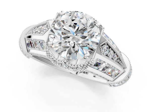 White gold Vintage Milgrain Round Diamond Split Shank Ring with Prong Setting